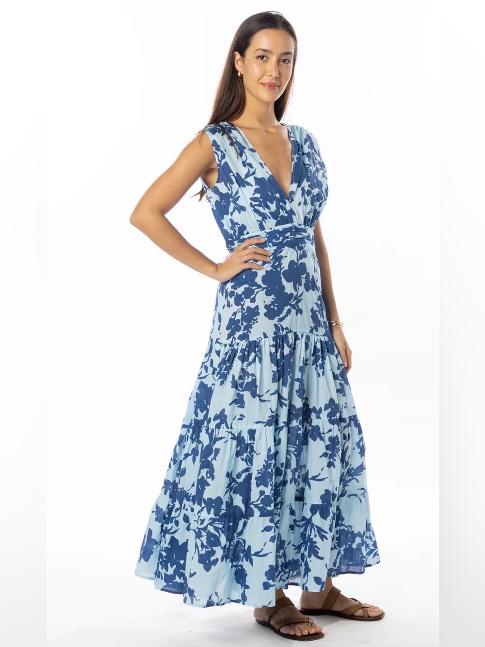 BINDU NWT Hazel Maxi Dress In Blue Harbor Floral Tiered Sleeveless Size XS